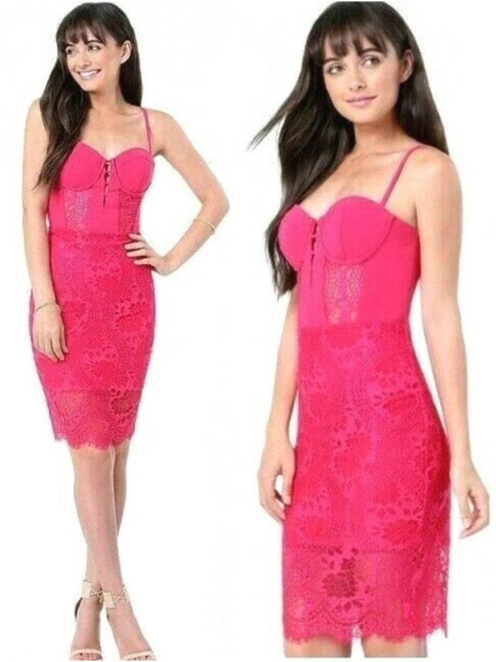 New bebe floral lace midi dress hot pink straps top cutout bustier